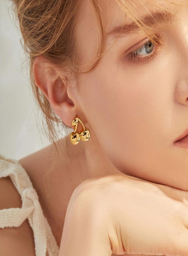 FAUTHENTICUTE Gold Cherry Stud Earrings For Women 14K Gold Plated Flat Back Earrings Cute Fruit Statement Earrings For Everyday - Image 2